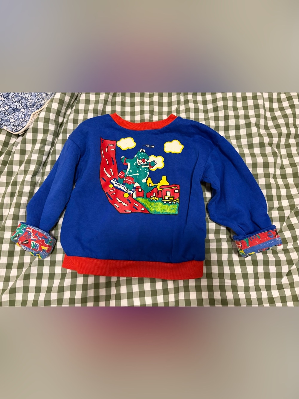 Kids vintage Blue Graphic Sweatshirt with Red Trim